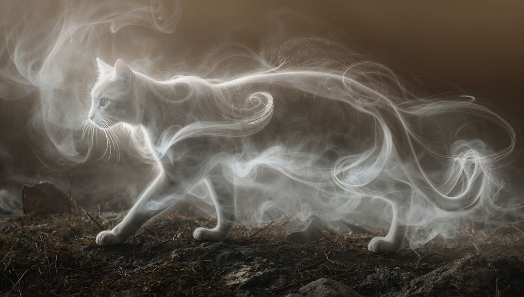 Walking white cat trailing translucent smoke over rocky ground with ethereal backlight