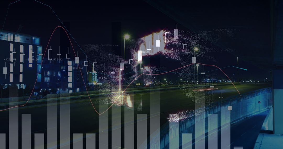 Digital Data Overlay on Night Cityscape Representing Global Business Trends