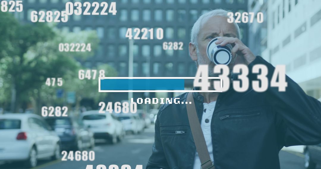 Senior Man Drinking Coffee with Digital Numbers Overlay