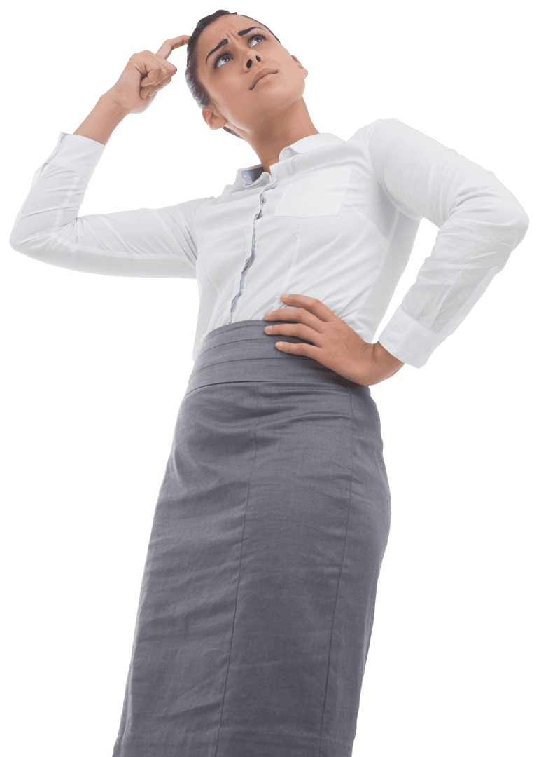 Thoughtful Businesswoman Standing with Hand on Hip on Transparent Background