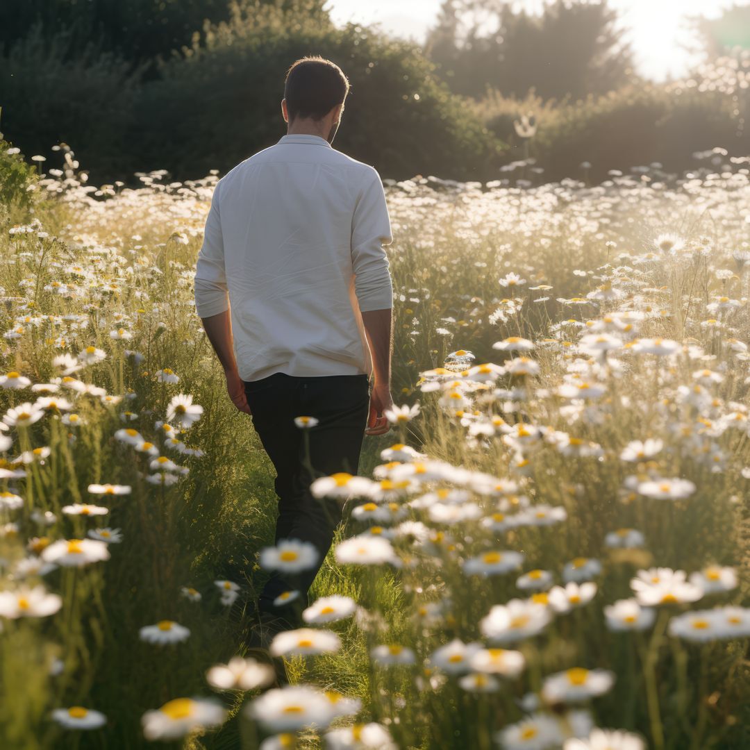 Man Walking Through Daisies In Sunlit Meadow - Free Images, Stock Photos and Pictures on Pikwizard.com