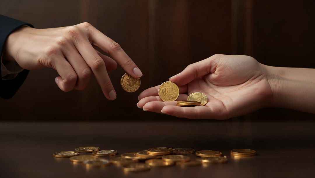 Business Hand Passing Bitcoin Cryptocurrency Coins into Open Palm Over Wooden Table
