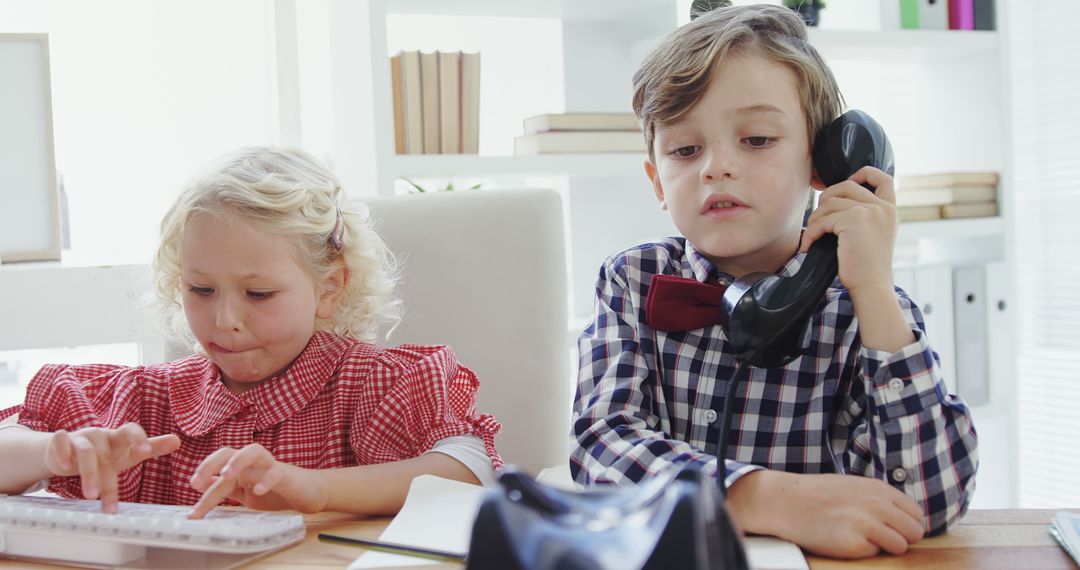 Two Children Play Office Workers, 1950s Style Costumes - Free Images, Stock Photos and Pictures on Pikwizard.com