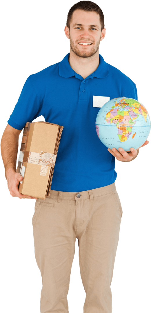 Transparent Smiling Salesman Holding Parcel and Globe