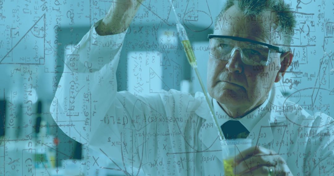 Senior Scientist Conducting Laboratory Experiment with Mathematical Formulas Overlay