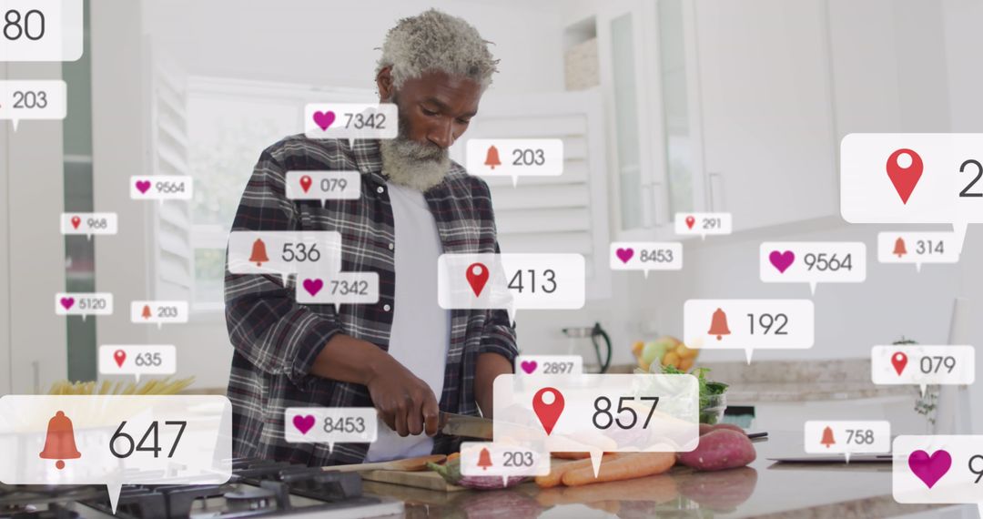 Senior Man Engaging with Social Media While Cooking