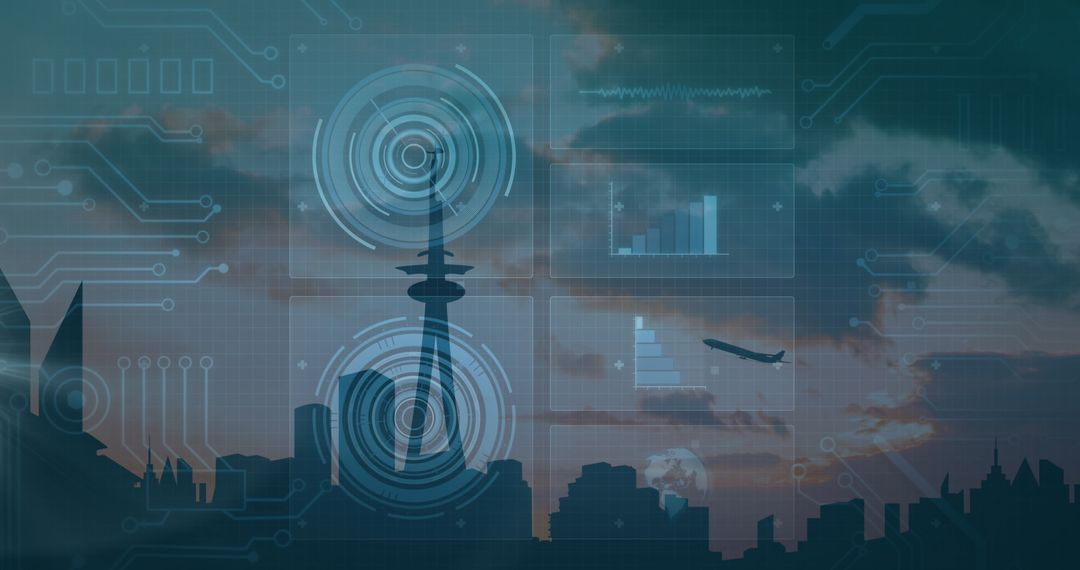 Digital Interface Overlooking Cityscape at Sunset