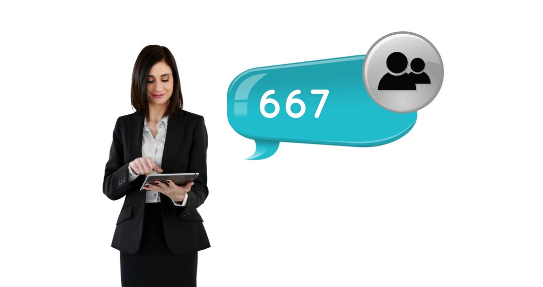 Smiling Businesswoman Touching Tablet with Growth Statistics and Messaging Icon