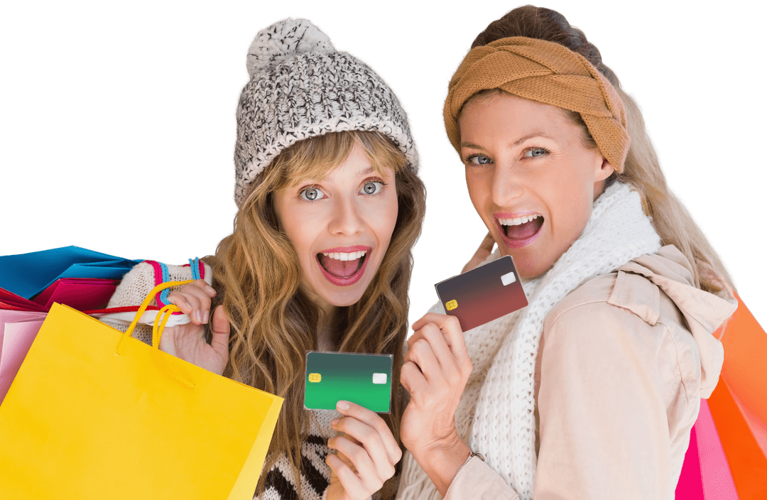 Transparent Background Shoppers Excited with Bags and Credit Cards