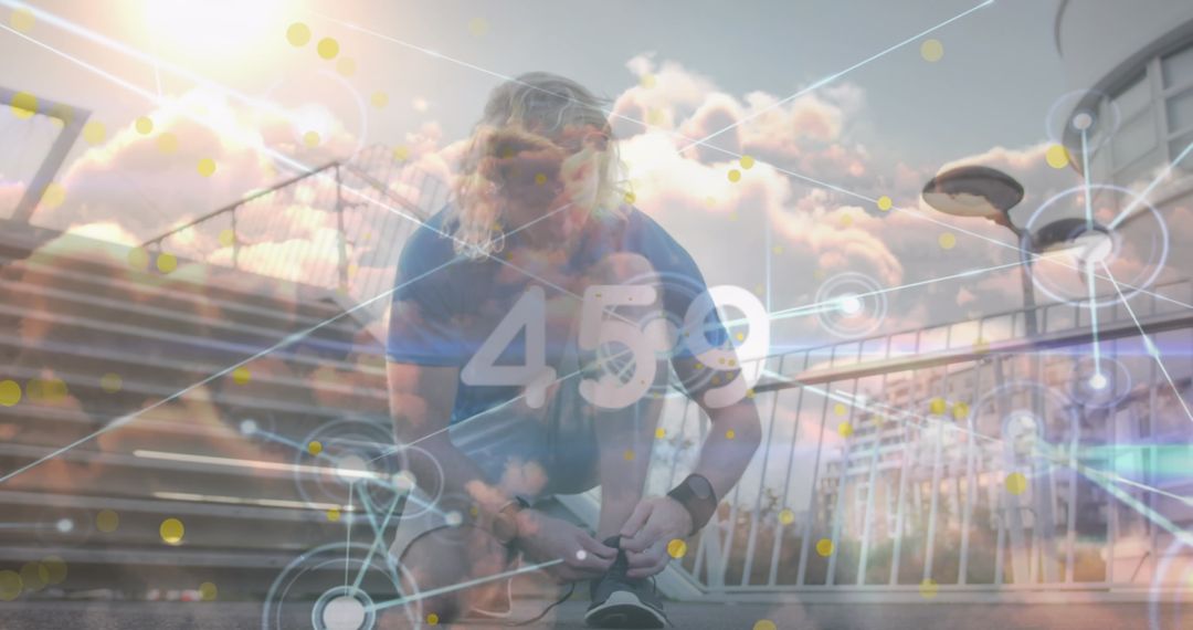 Athlete Preparing for Run with Futuristic Digital Data Overlay