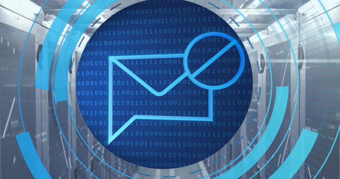 Digital Security Firewall Icon Blocks Email in Server Room Background