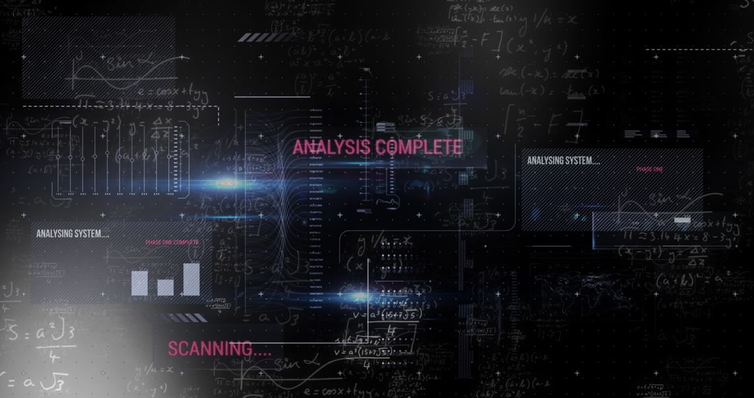 Digital interface dashboard analyzing data with equations