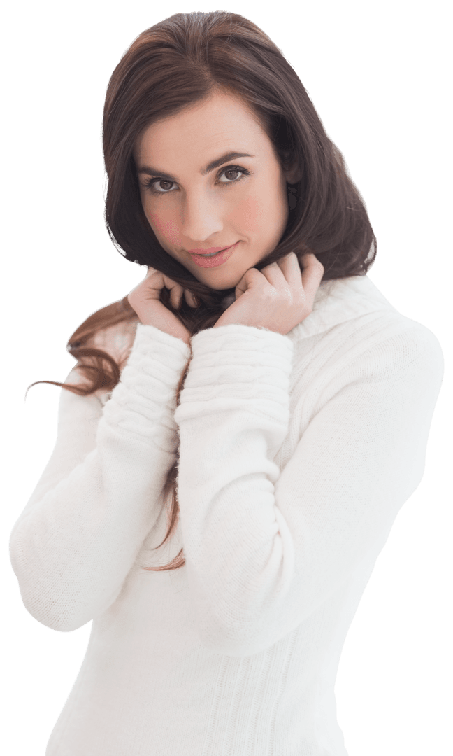 Smiling Woman in White Jumper on Transparent Background