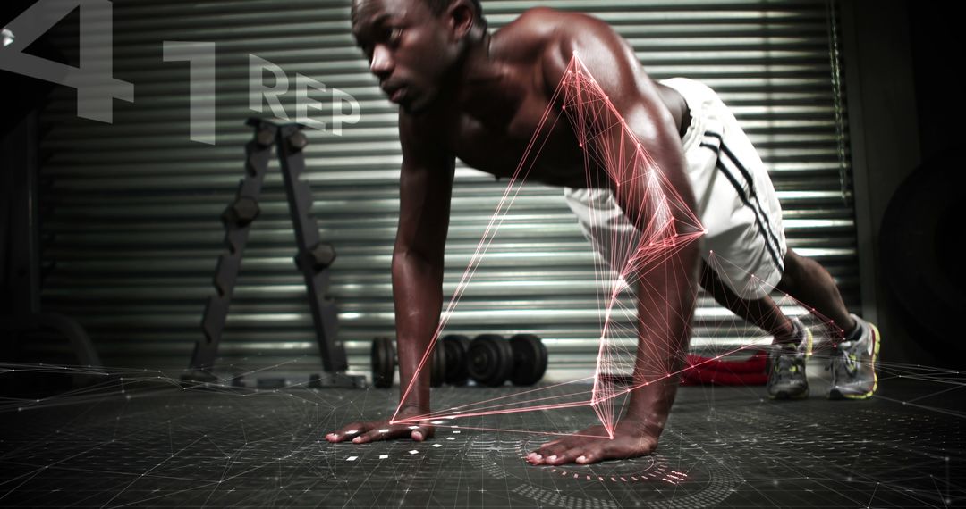 Athletic Man Doing Push-Ups with Futuristic Digital Overlay - Free Images, Stock Photos and Pictures on Pikwizard.com