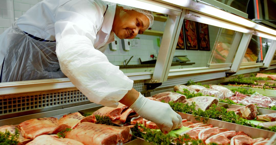 Butcher Arranging Fresh Cuts of Meat Display in Market - Free Images, Stock Photos and Pictures on Pikwizard.com