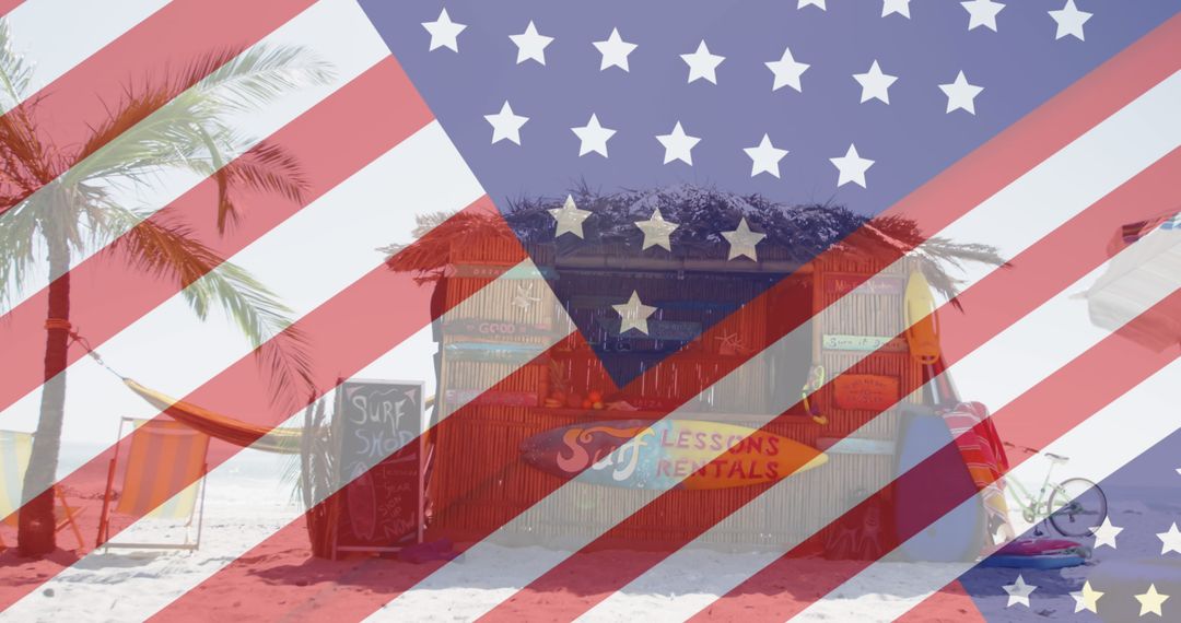 American Flag Overlay on Coastal Scene with Beach Bar