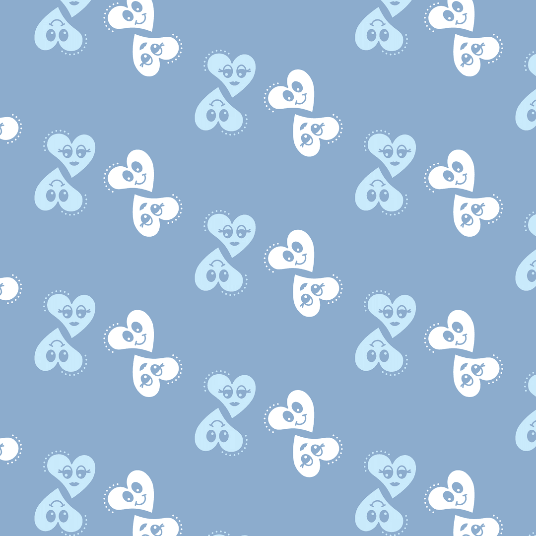 Pattern of Transparent Blue and White Hearts with Faces on Blue Background