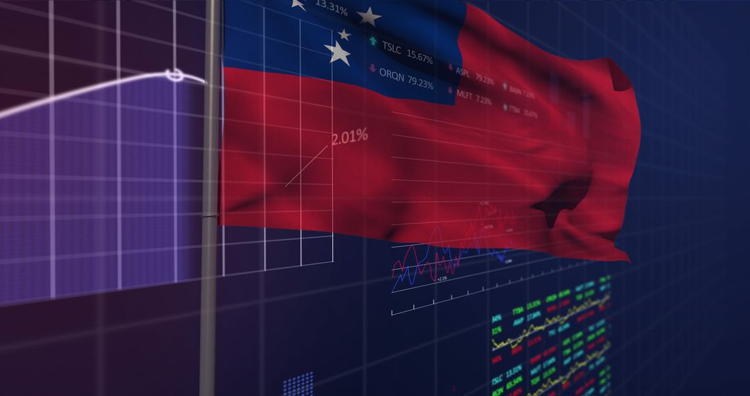 Red Flag Waving Amidst Digital Stock and Data Charts