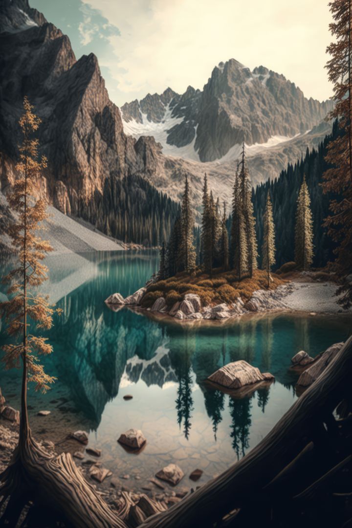 Scenic landscape with lake and mountains, created using generative ai technology - Free Images, Stock Photos and Pictures on Pikwizard.com
