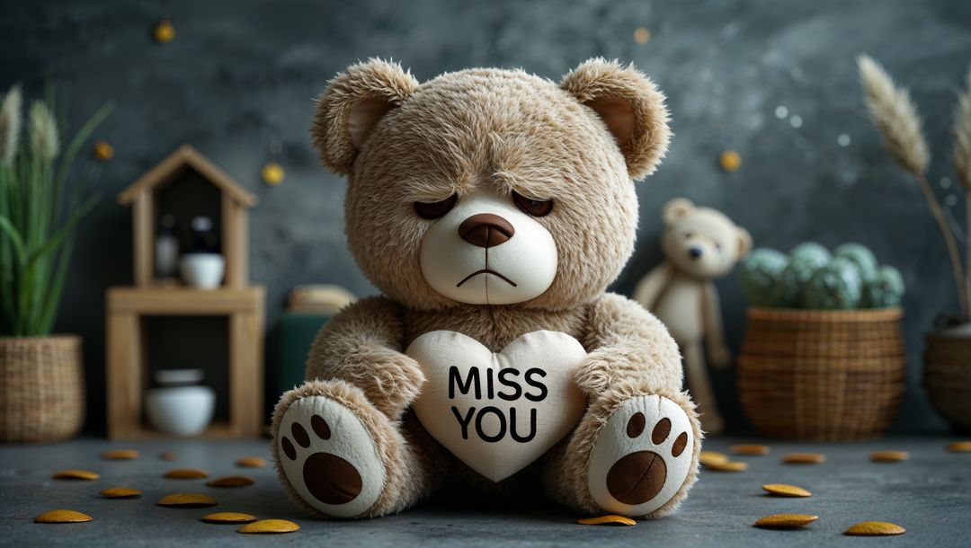 Sad Teddy Bear with Heart Pillow Expressing Loneliness and Nostalgia