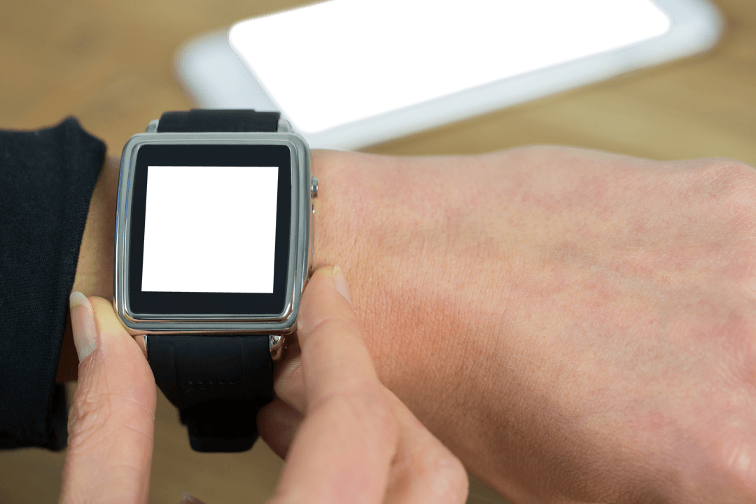 Business Professional Adjusting Transparent Smartwatch in Office