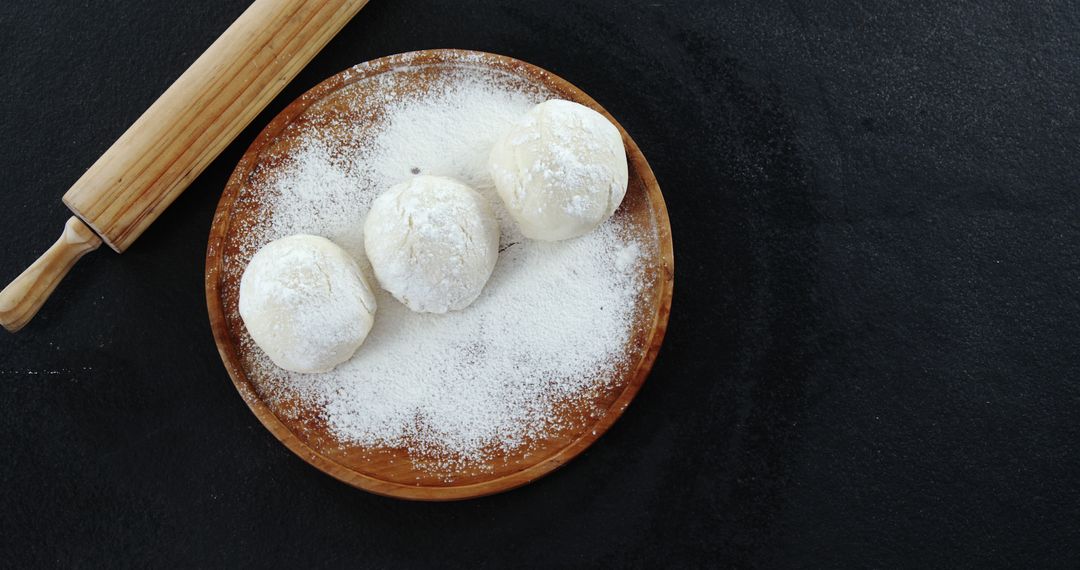 Homemade Dough Balls with Flour on Wooden Plate Rolling Pin Background - Free Images, Stock Photos and Pictures on Pikwizard.com