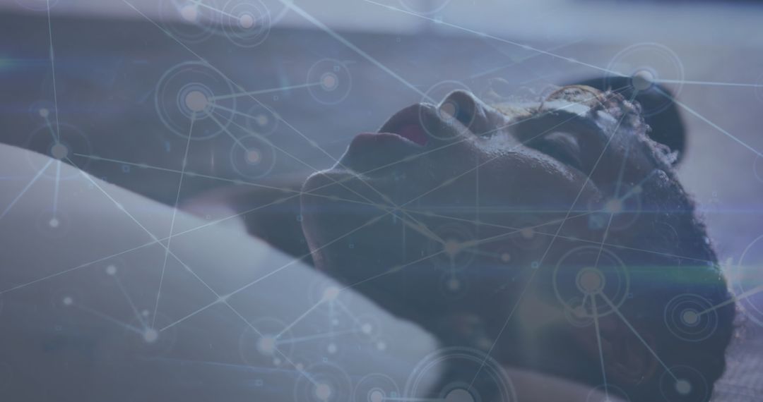 Man with Digital Network Graphics in Futuristic Setting