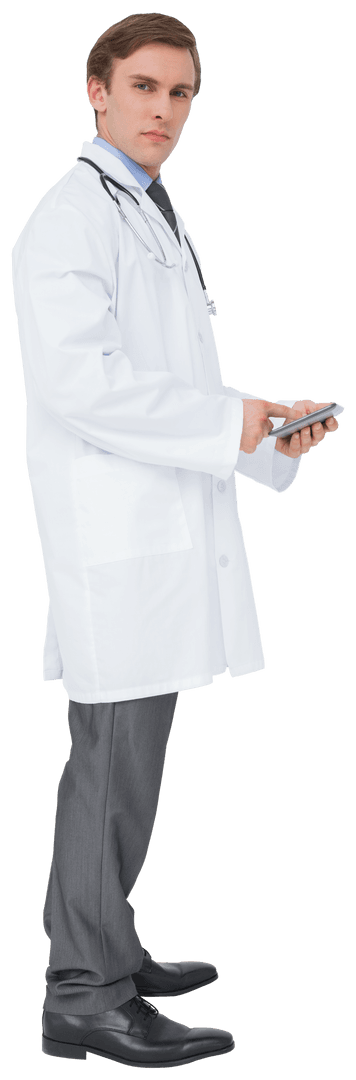 Young Doctor Using Tablet with Transparent Background