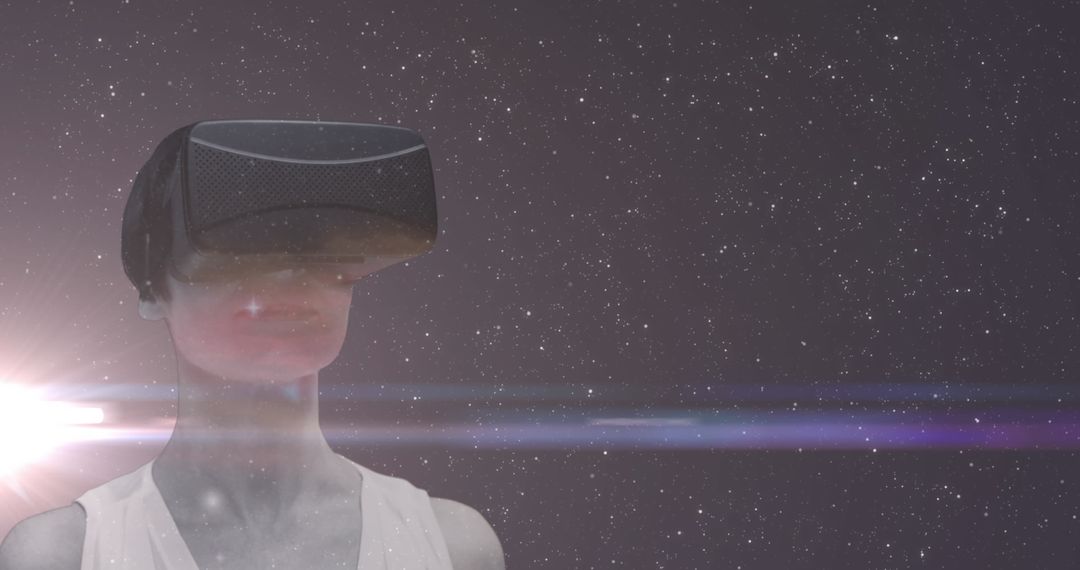 Female Explorers Virtual Cosmos through VR Headset with Outer Space Background