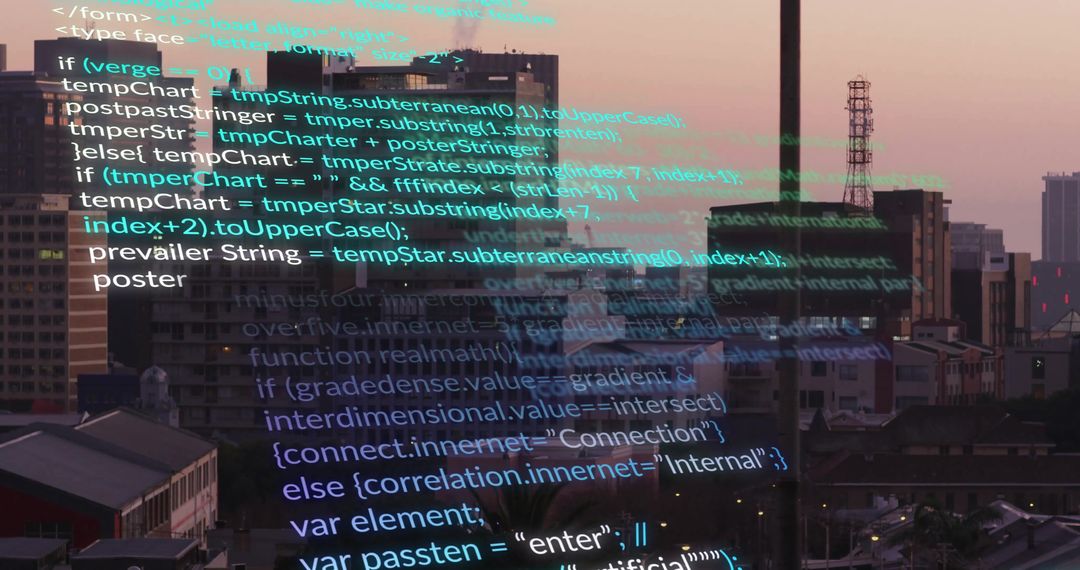 Computer Code System Overlay on Urban Sunset Skyline