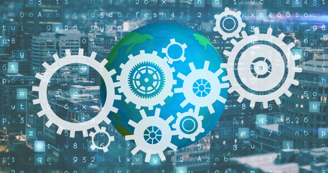 Global Digital Network with Rotating Earth and Futuristic Gears