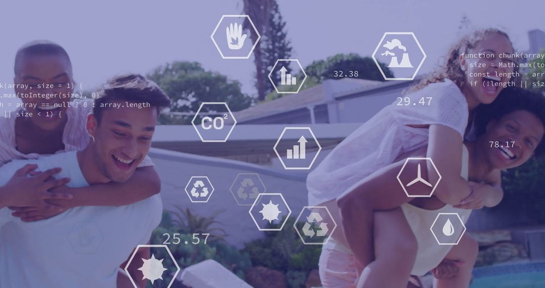 Friends Enjoying Backyard Fun with Eco-Friendly Tech Overlay