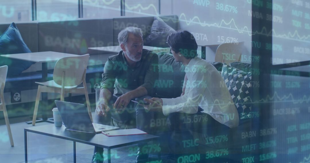 Colleagues Discussing Business Strategy with Trading Data Overlay