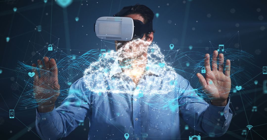 Man Using VR Headset Interacting with Virtual Network Hologram