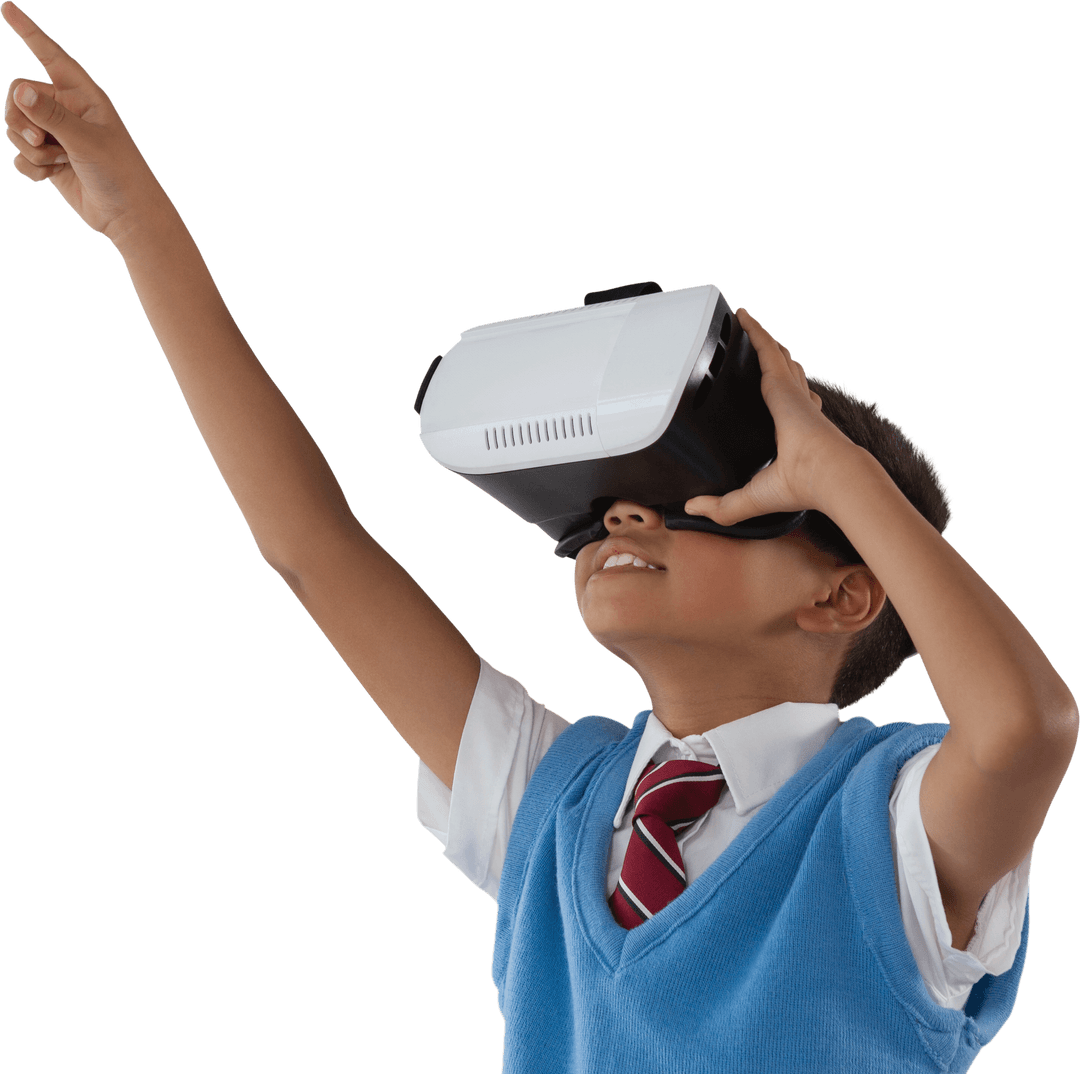 Schoolboy Wearing VR Headset Pointing Energetically on Transparent Background