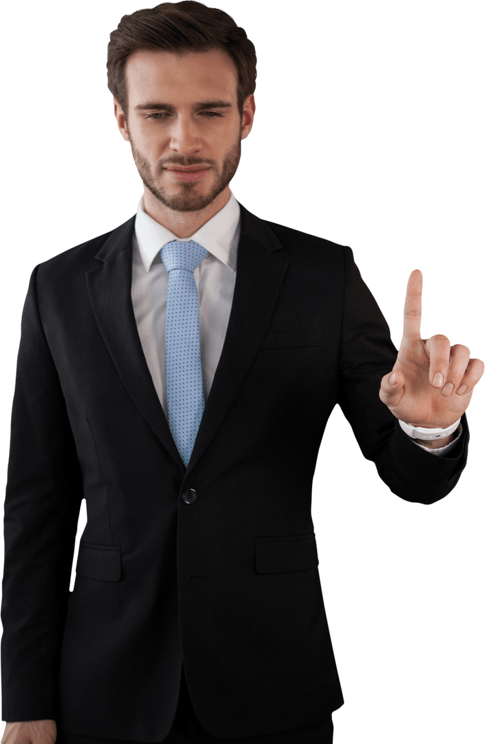 Businessman Interacting with Transparent Interface in Formal Suit