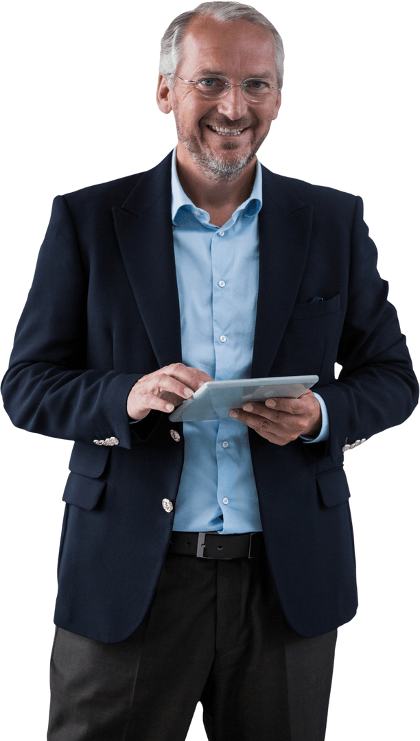 Transparent Smiling Businessman Using Tablet for Work