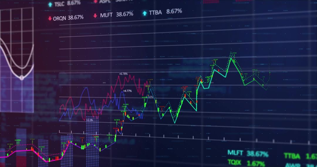 Digital trading screen with rising charts and data analytics