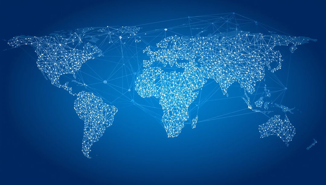 World Map Network with Digital Nodes on Blue Background