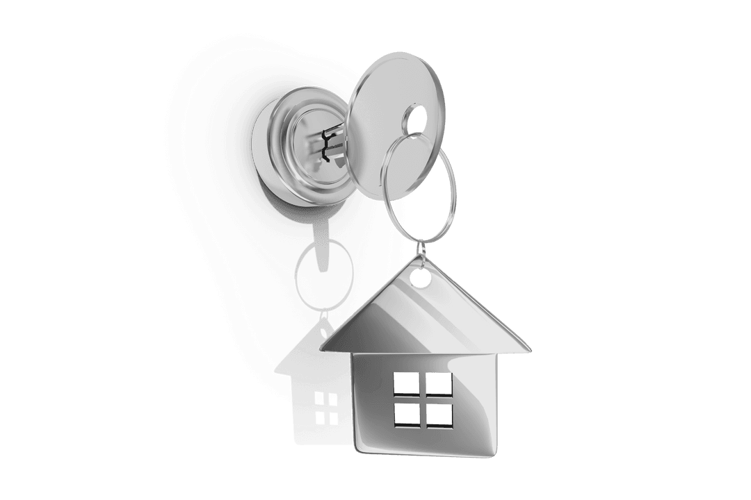 Transparent Close Up of Metal Key with Home-Shaped Keychain