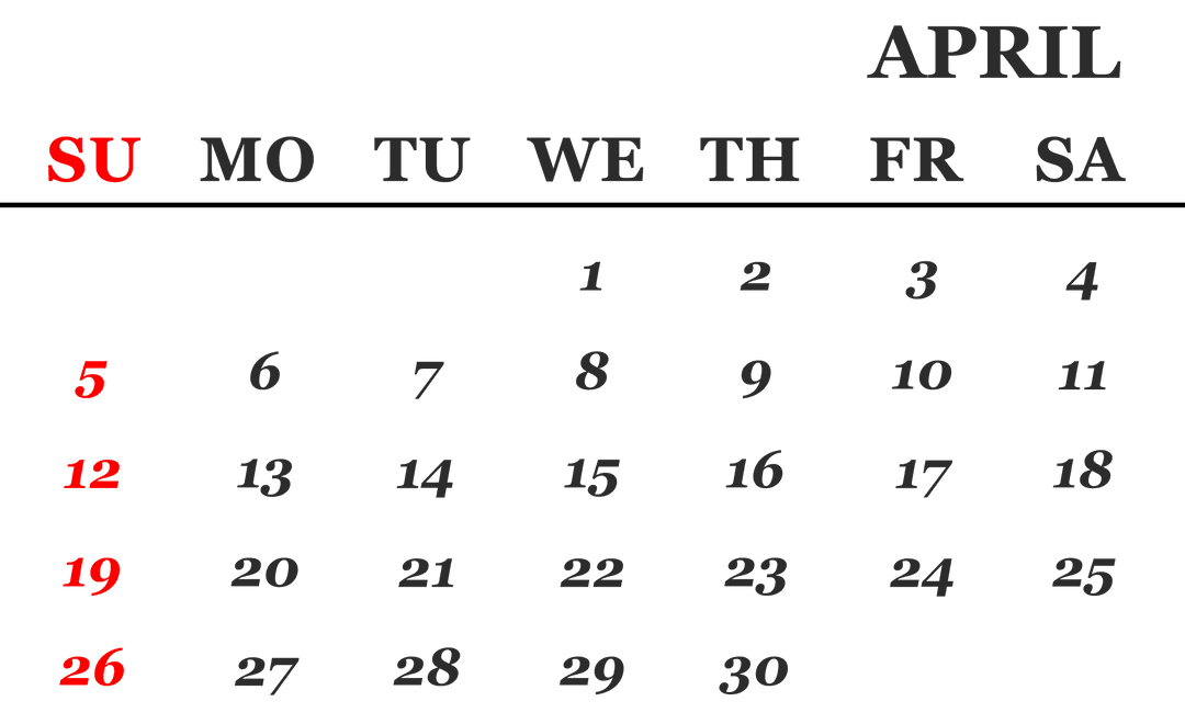 April Calendar Card Vector on Transparent Background