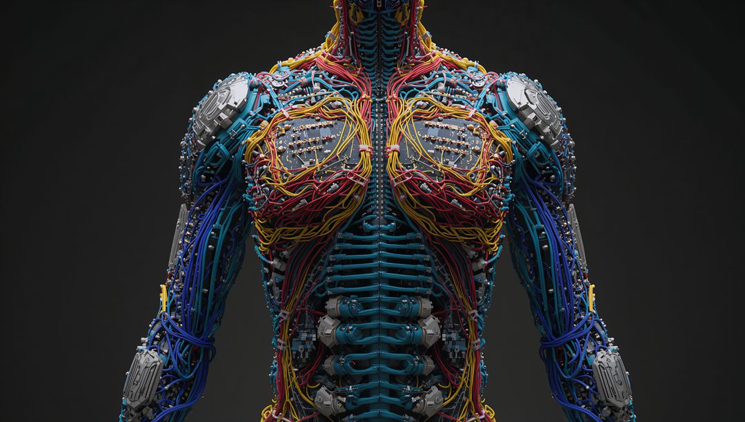 Cybernetic Torso with Colorful Wiring and Teal Spine Showing High-Tech Robotic Anatomy
