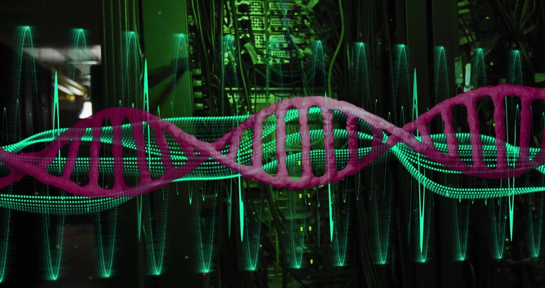 Futuristic DNA Strand with Data Processing Overlay