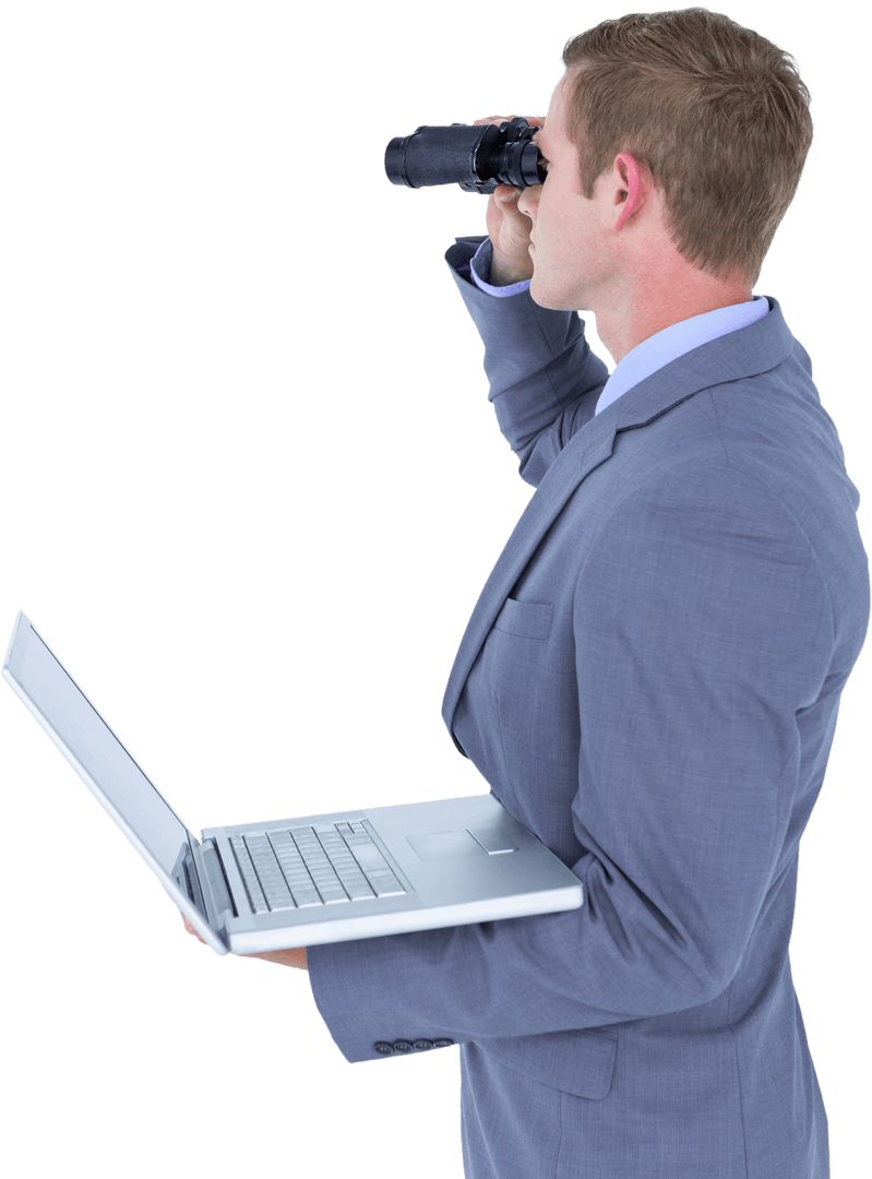 Transparent Businessman Holding Laptop and Looking Through Binoculars
