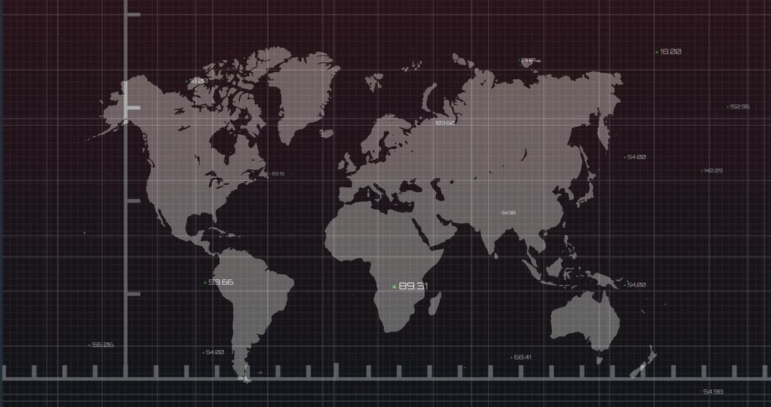 World Map on Grid Screen with Coordinates Digital Interface