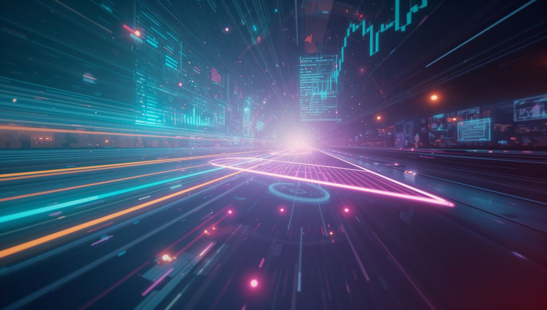 Futuristic Neon Triangle in Digital Corridor