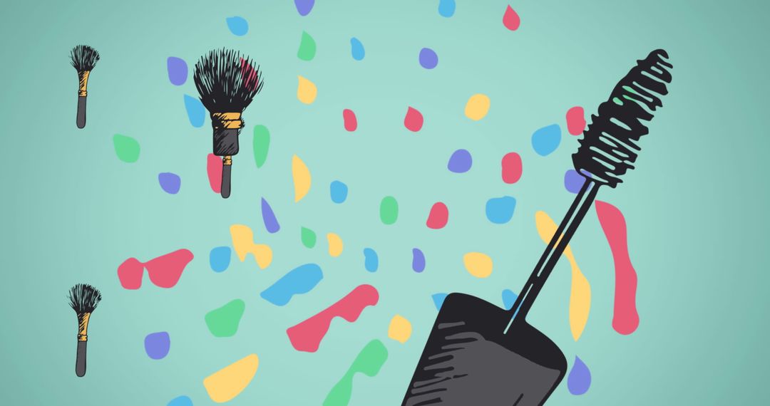 Cosmetic Tools Pattern on Green Background with Vibrant Splatters