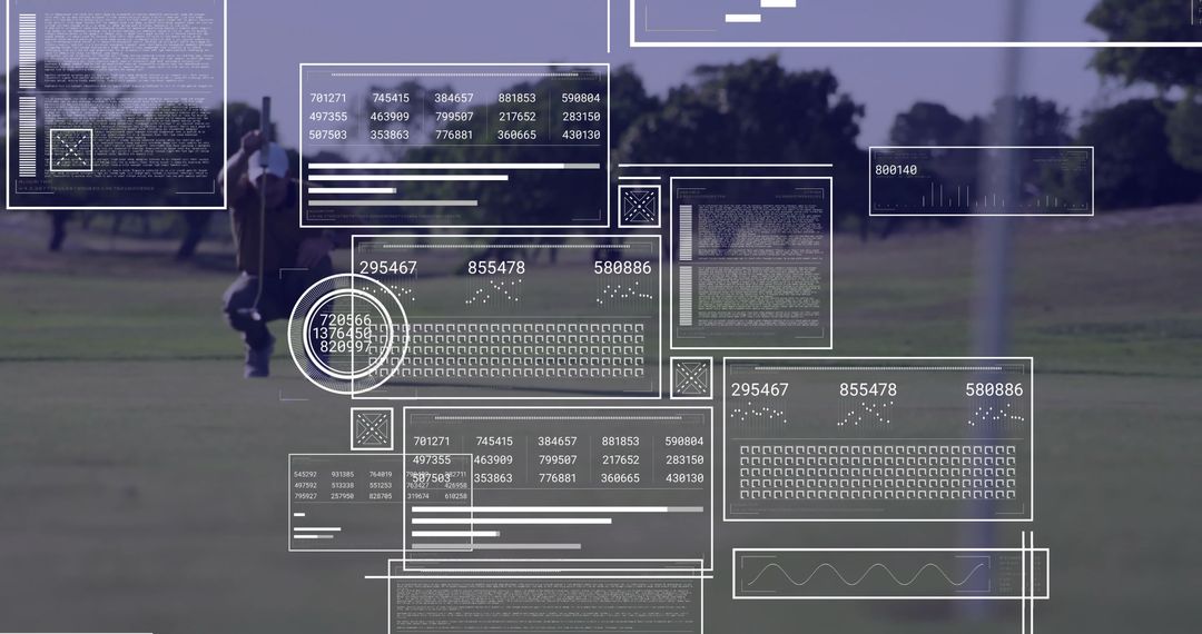 Golfer Analyzing Swing with Augmented Reality Panels on Course