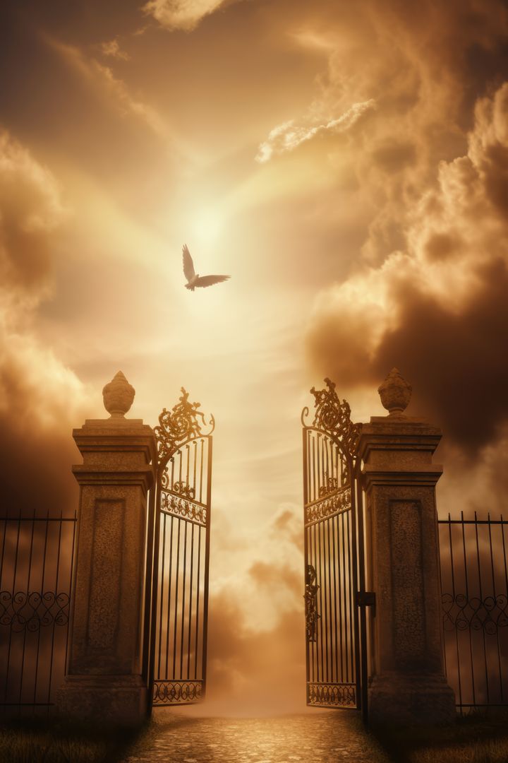 Gates of heaven with clouds and bird, created using generative ai technology - Free Images, Stock Photos and Pictures on Pikwizard.com