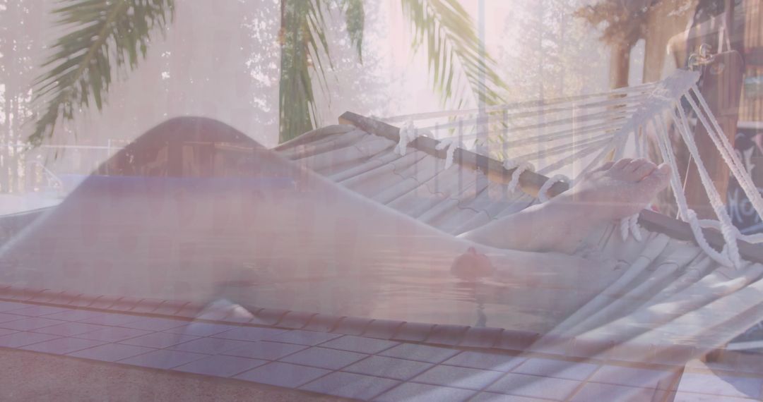 Serene Retreat: Woman Lounging in Hammock Over Pool Deck